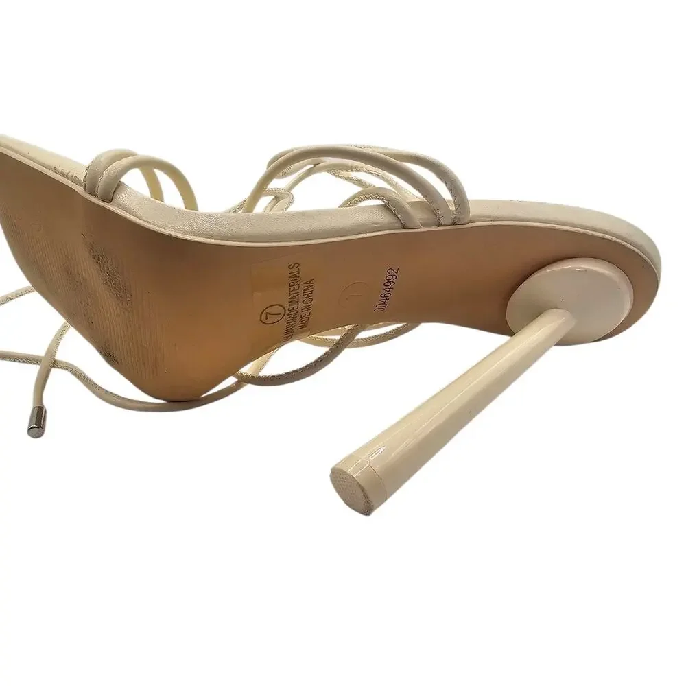 Olivia Jaymes Cream White Square Toe Lace Up Strap Cottagecore Sandal Heels - Picture 8 of 9